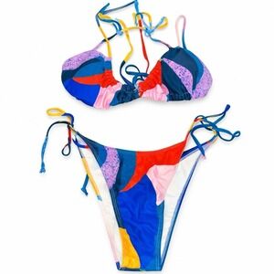 Zaful String Bikini Set Women 6 Small Multicolor Abstract Print Stretch Swimwear